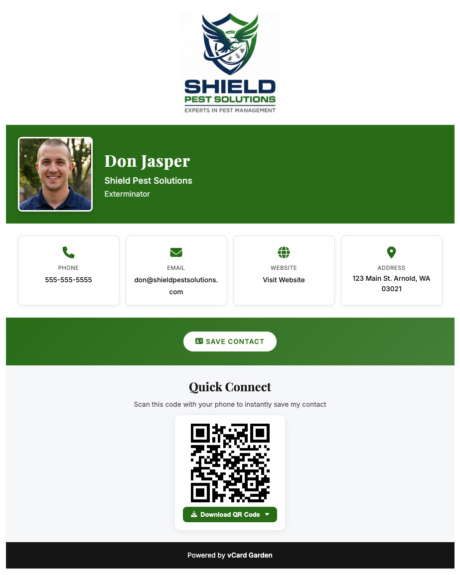 Pest control digital business card showing company logo, contact info, and save contact button