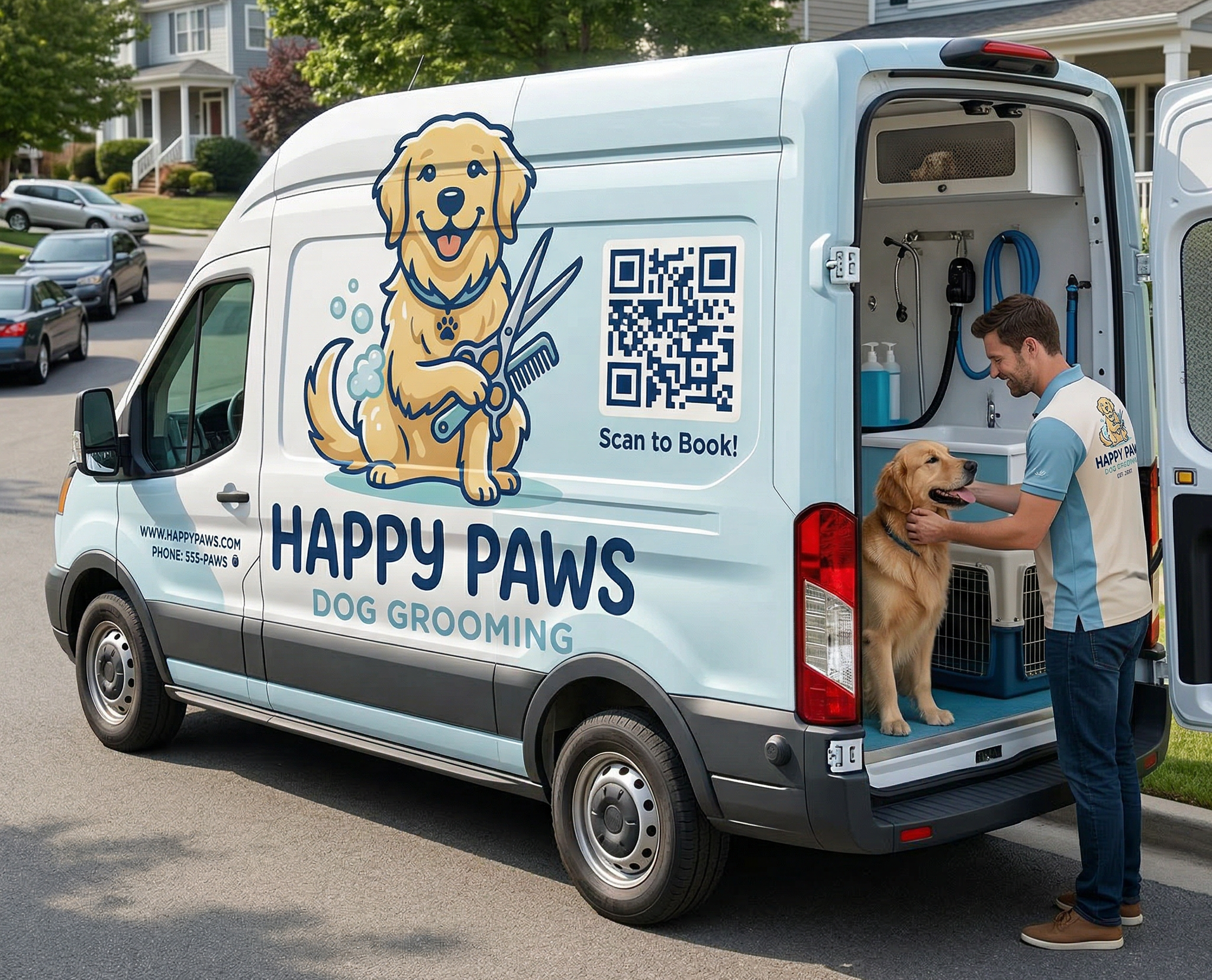 Pet grooming van with QR code on the side for digital business card
