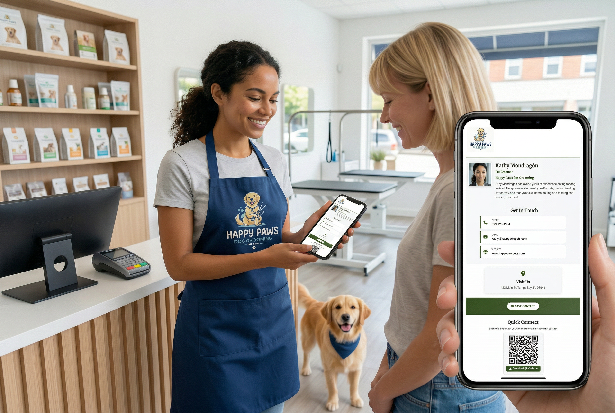 Pet groomer showing digital business card to pet owner in a grooming salon