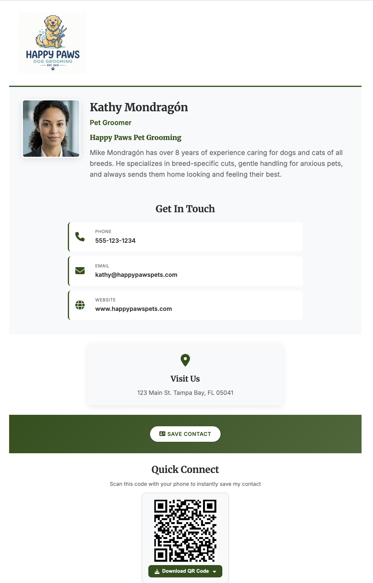 Digital business card for a pet grooming business shown on a phone screen