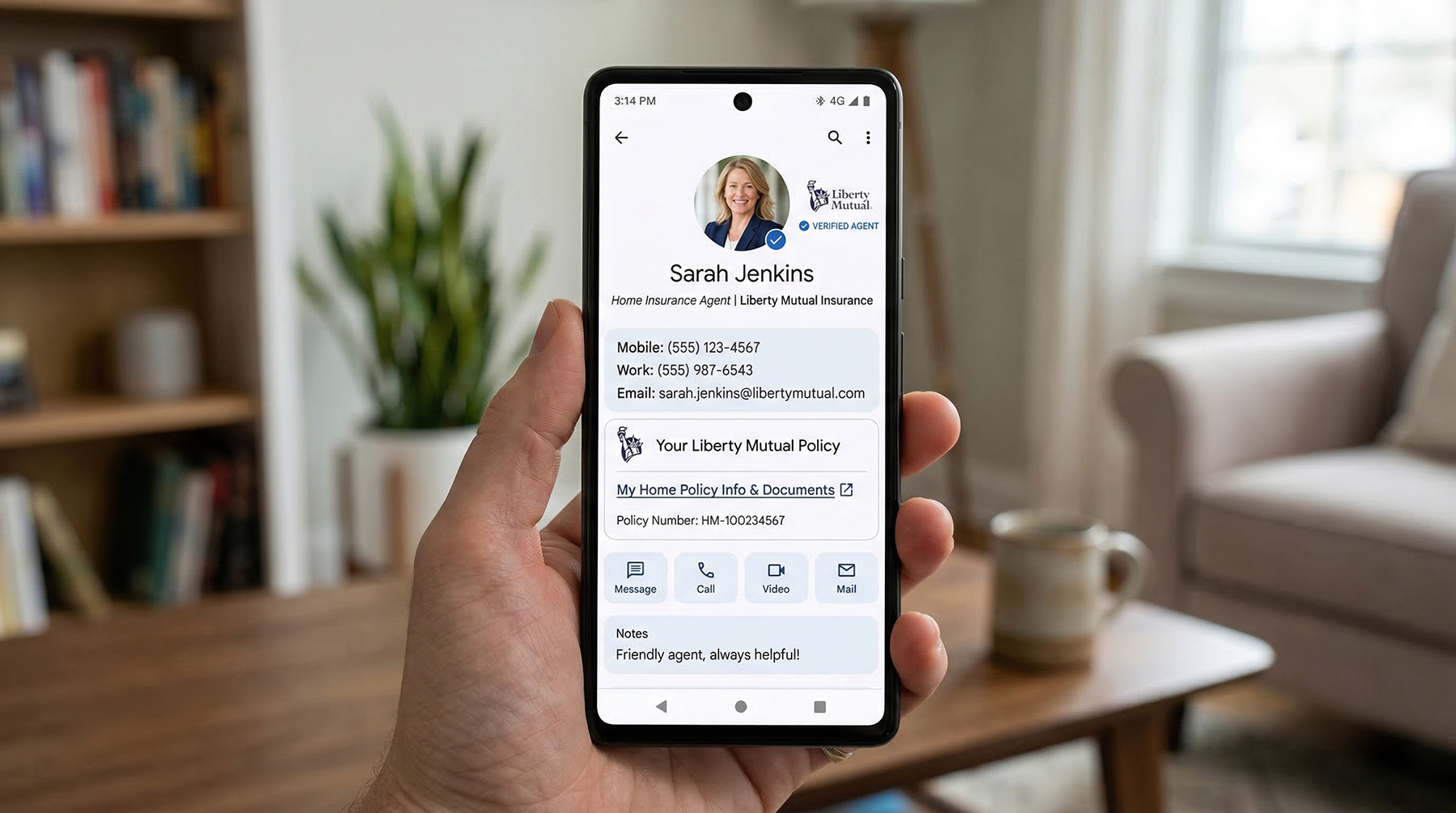 Phone screen showing a saved insurance agent contact with photo, agency logo, and policy info