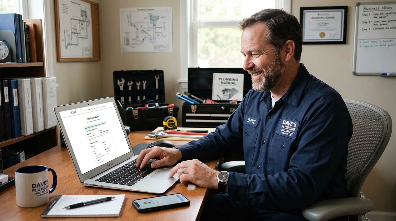 Plumber in uniform setting up a digital business card on a laptop
