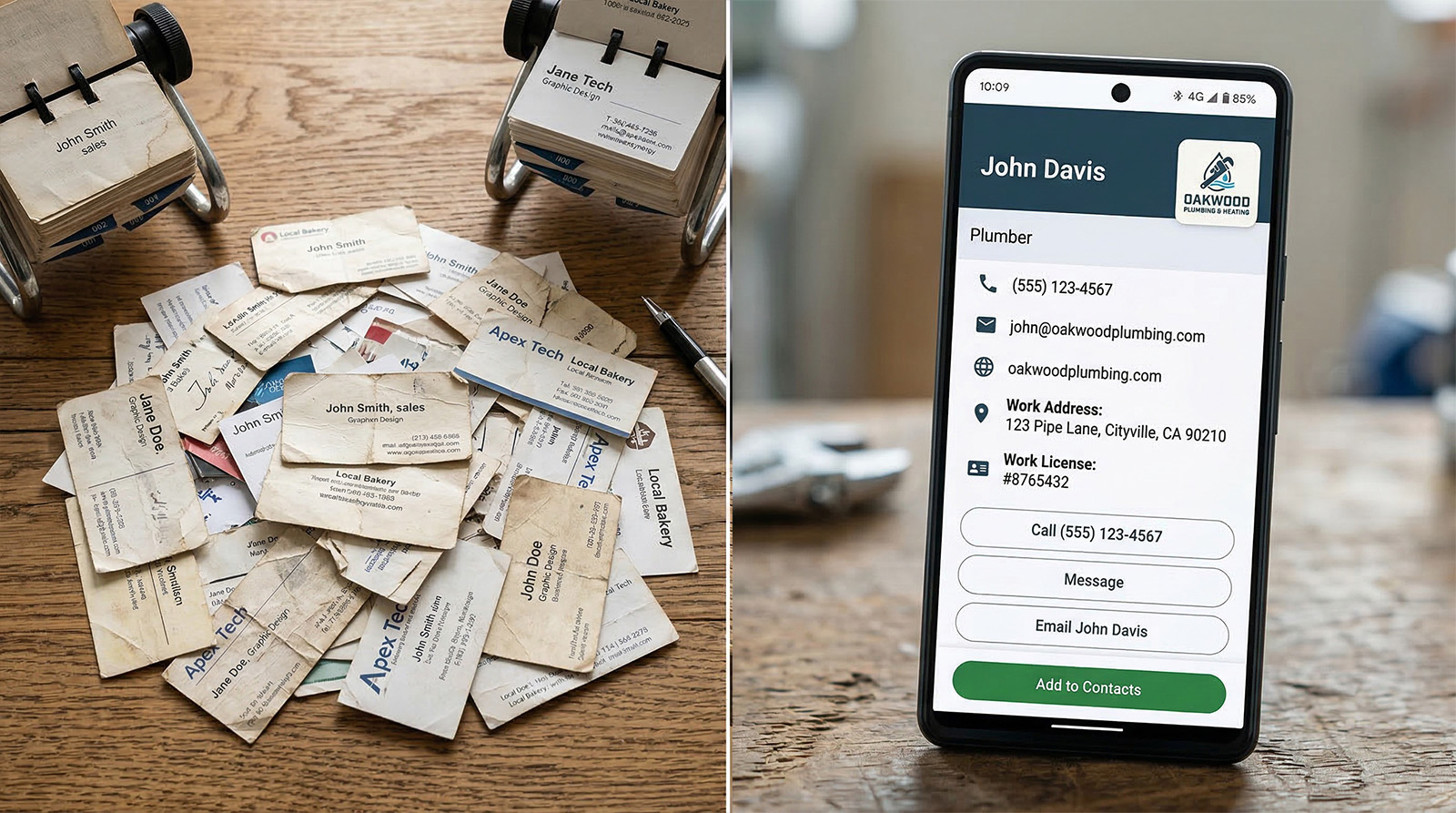 Pile of old paper business cards next to a phone showing a digital plumber contact card