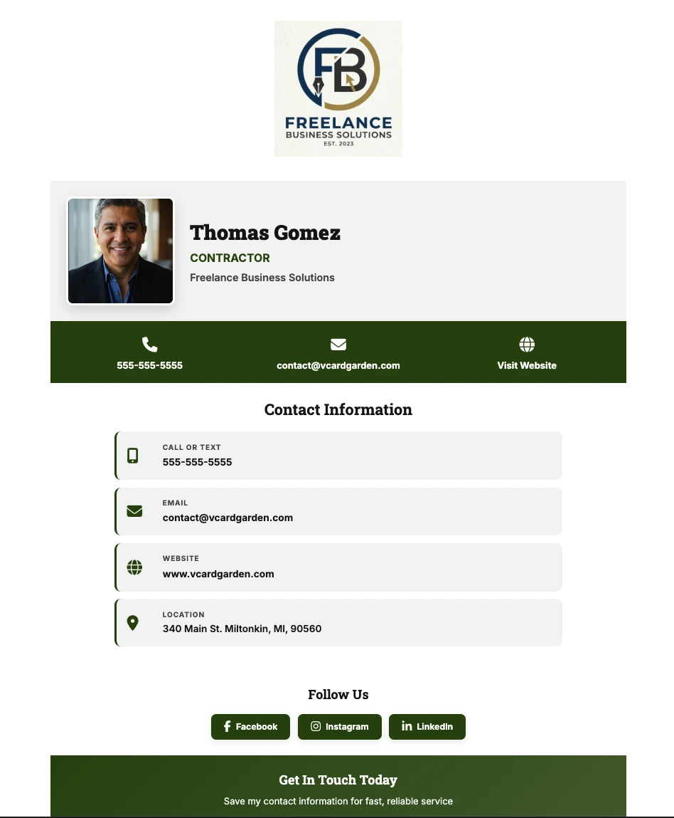 Digital profile page for a contractor showing logo, photo, name, title, and contact information on mobile