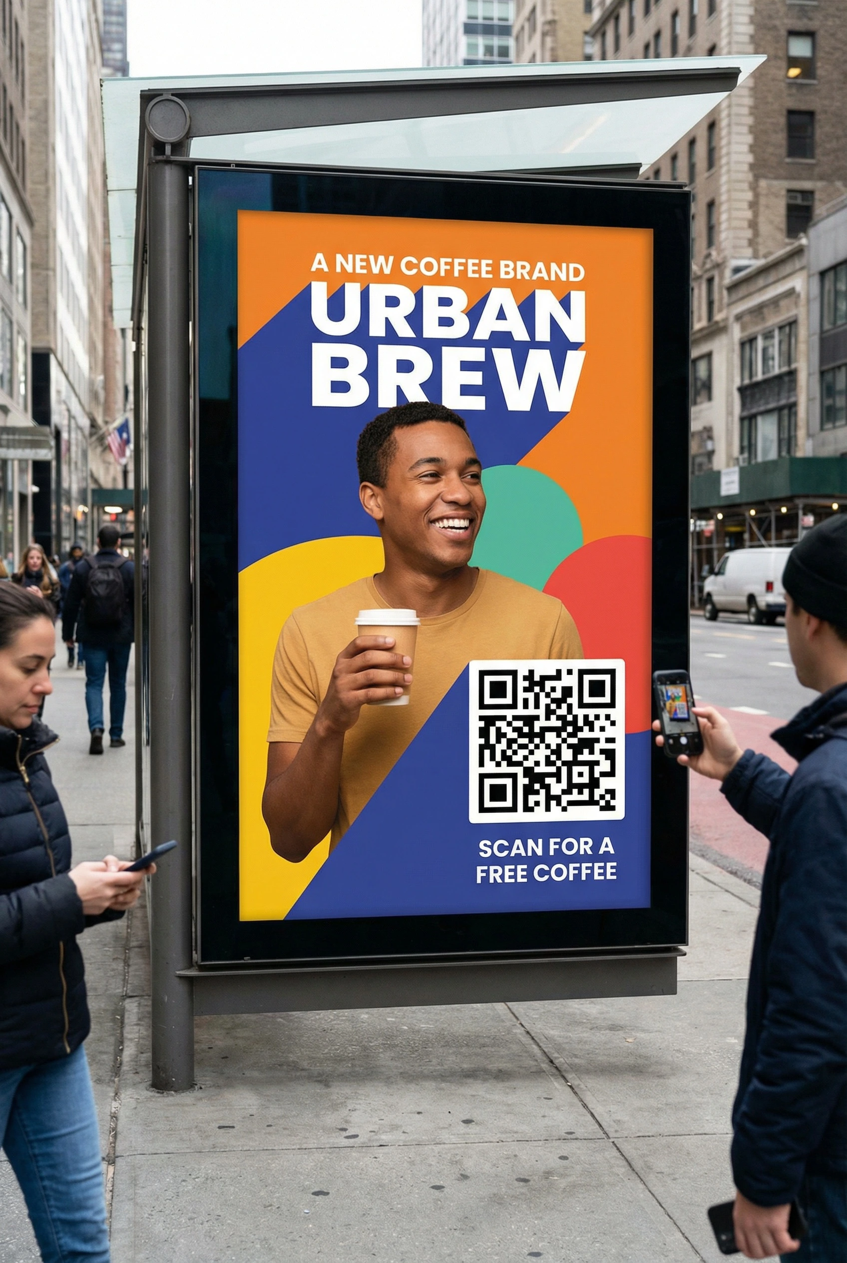 QR code printed on a real-world advertisement that links to a digital profile page