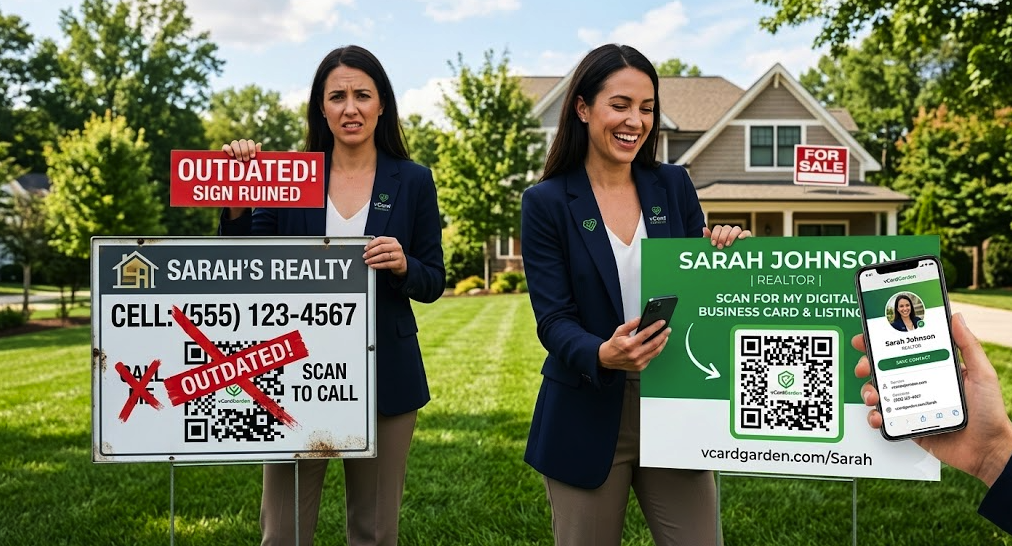 QR code on a real estate yard sign linking to a permanent agent profile page