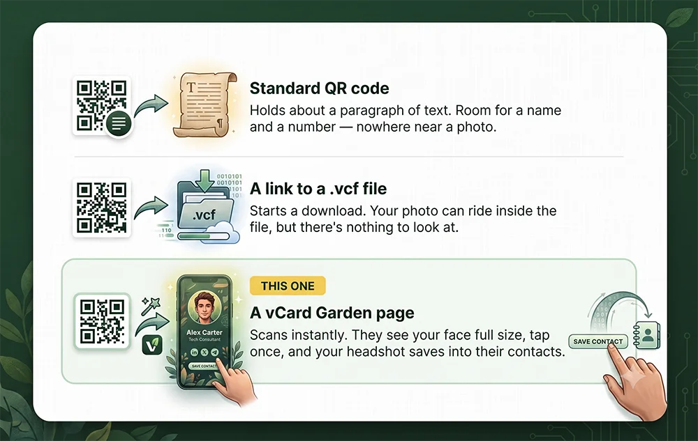 Three ways a contact QR code can work: a standard QR code holds about a paragraph of text with no room for a photo; a link to a .vcf file only starts a download; and a vCard Garden page scans instantly, shows your face full size, and saves your headshot into their contacts.