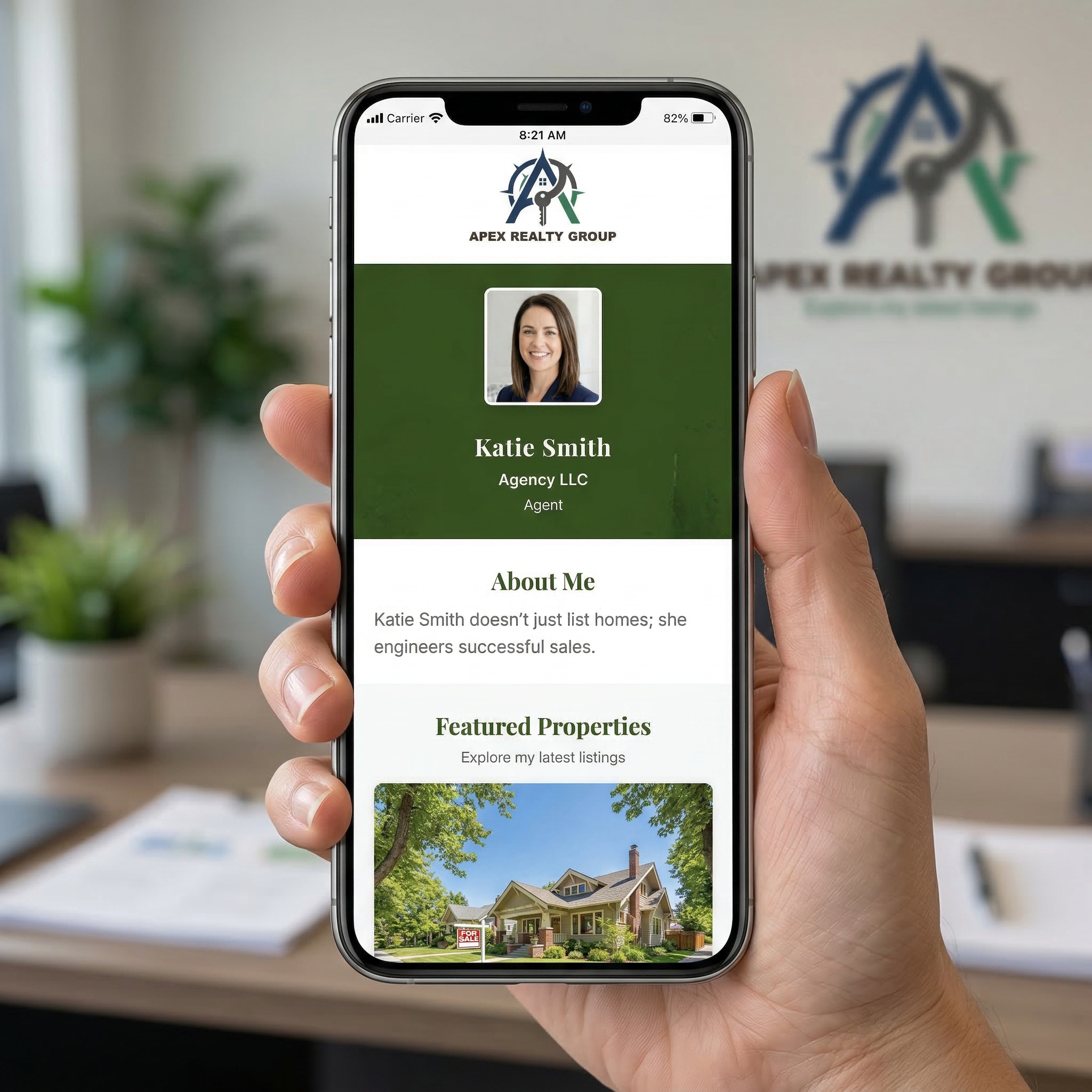 Hand holding a phone showing a realtor digital contact card with headshot, brokerage logo, and featured property listing