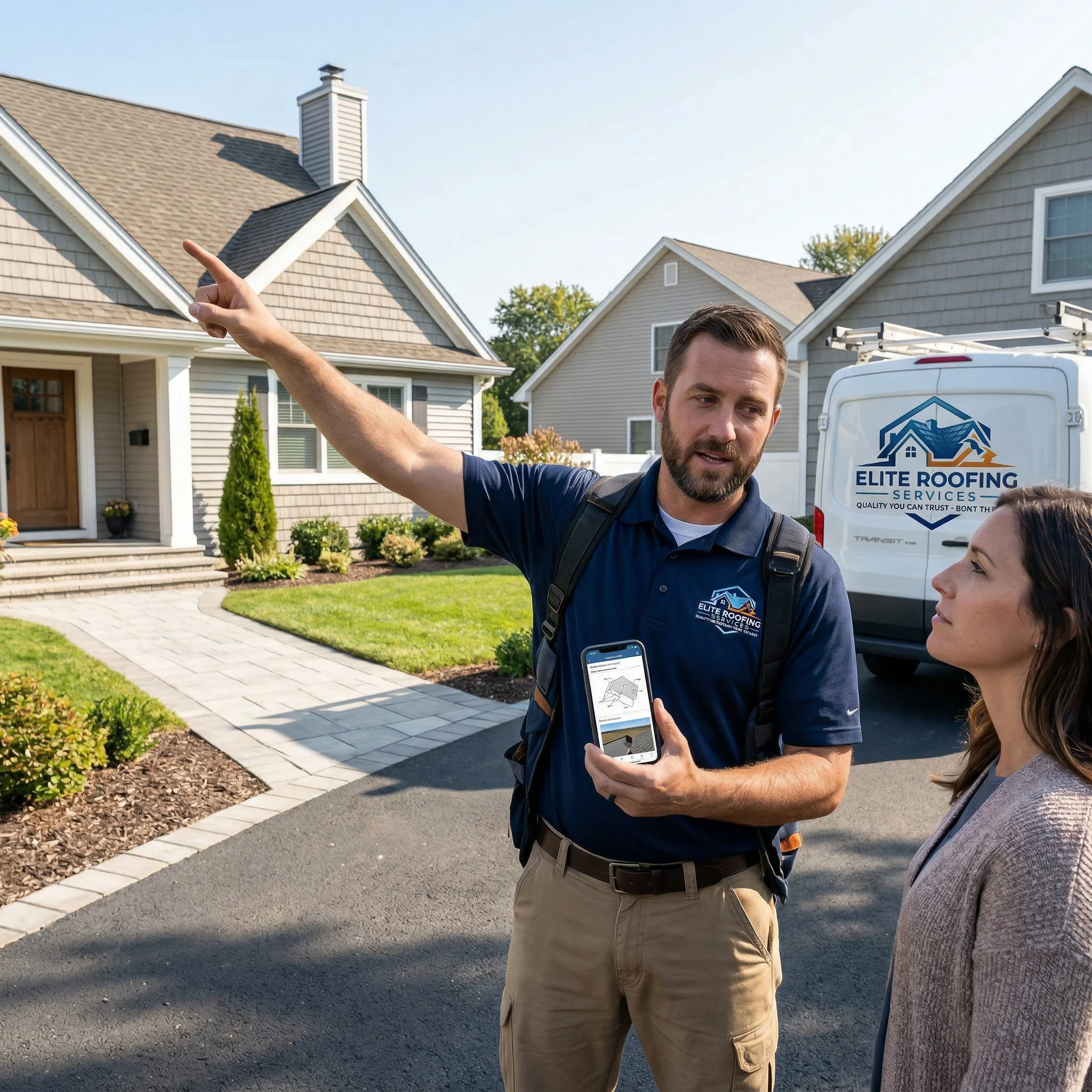 Roofing consultant showing digital business card to homeowner while pointing at roof