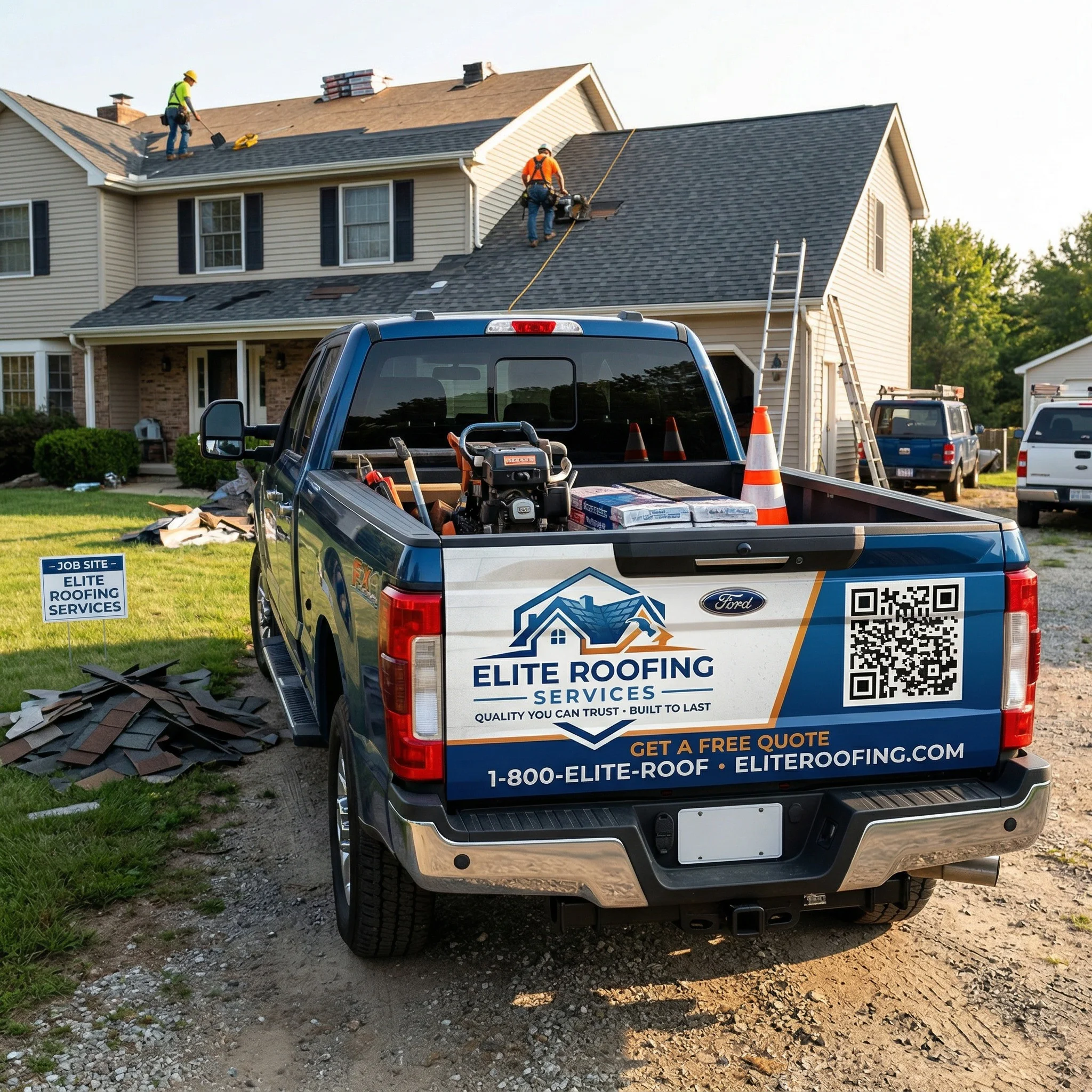 Roofing company truck at job site with company branding and QR code on the tailgate