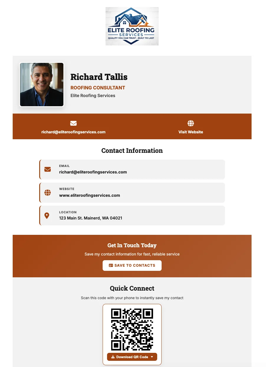 Roofing company digital business card on mobile phone showing company logo, photo, contact info, services, and Save Contact button