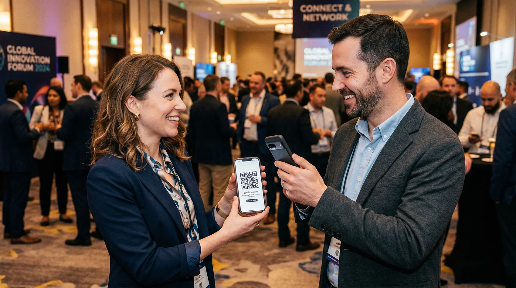 Two professionals at a networking conference — one showing a QR code on her phone while the other scans it