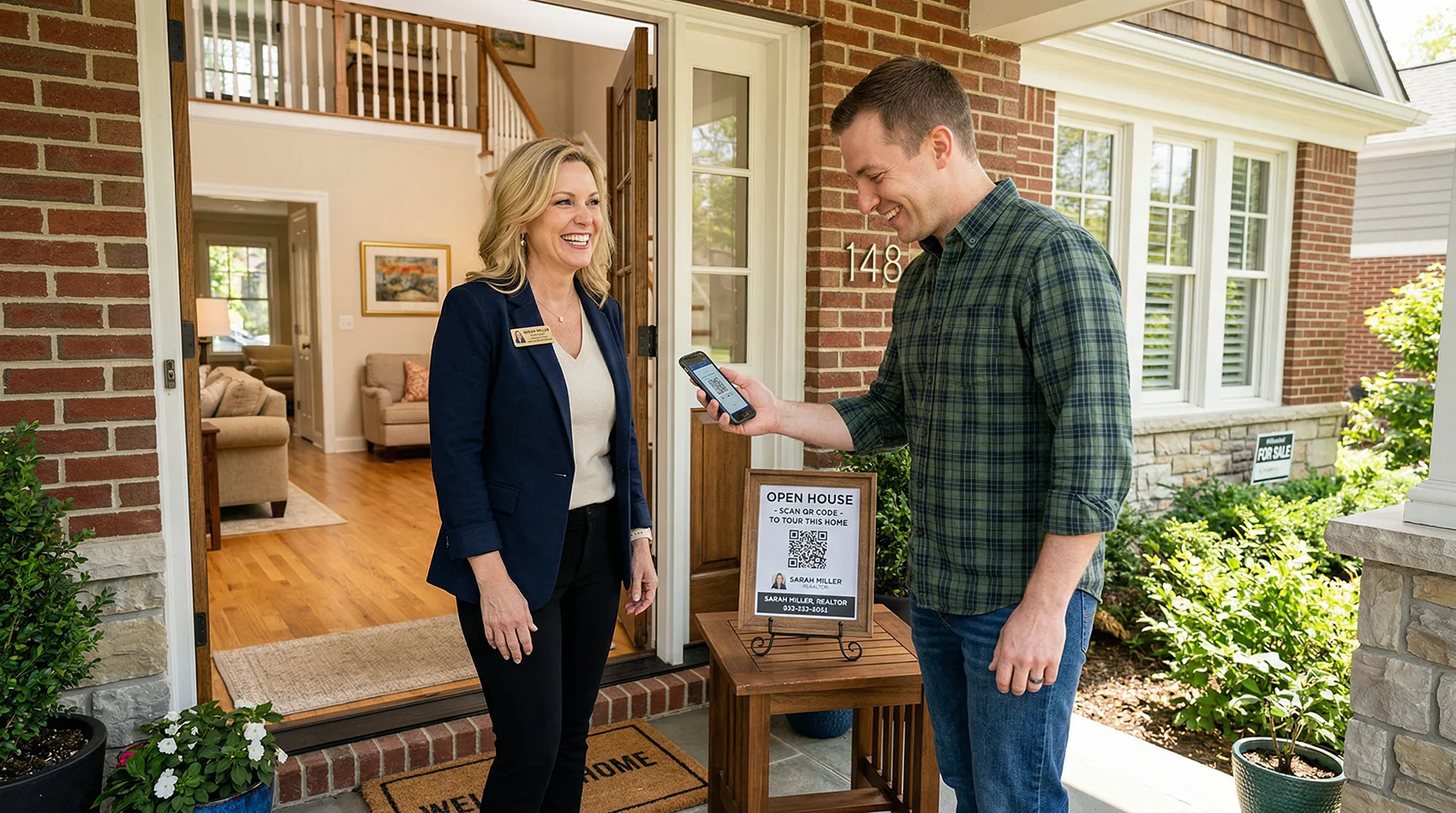 Realtor at an open house front door next to a QR code sign while a visitor scans it with their phone