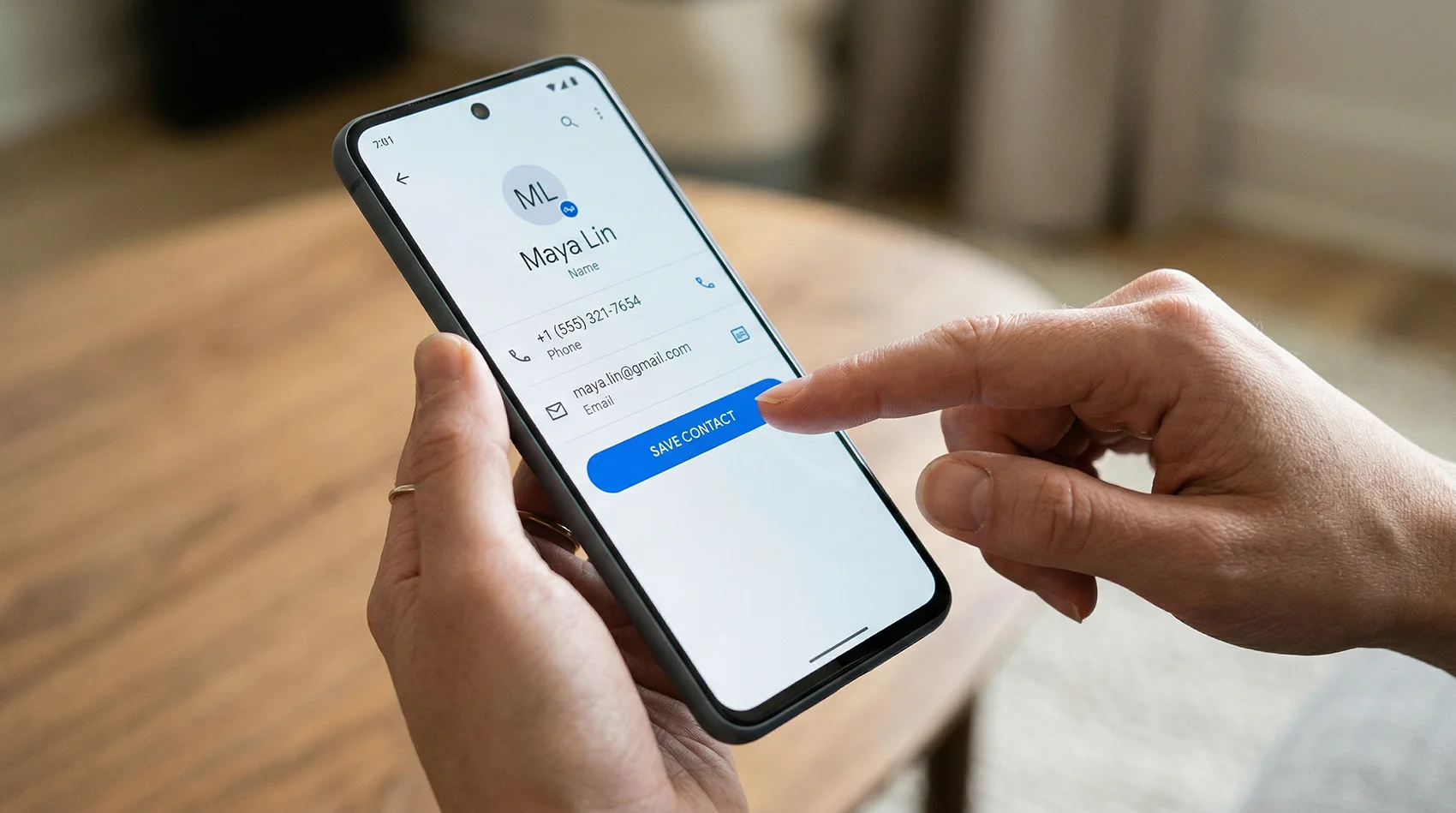 Hands holding an Android phone with a finger tapping the blue Save Contact button, showing name, phone, and email on screen