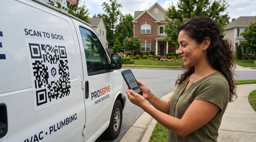 Homeowner scanning a QR code on a service van to save contact info