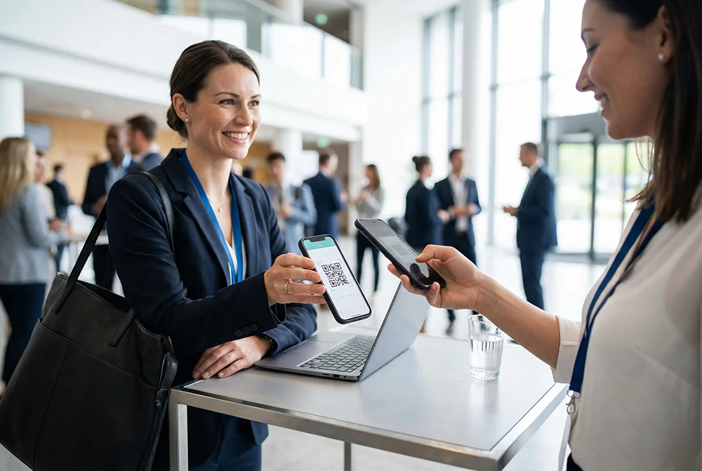 Professional sharing a digital business card via QR code on their phone at a networking event as a modern alternative to paper cards