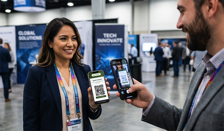 Professional networking at a trade show using a digital business card QR code