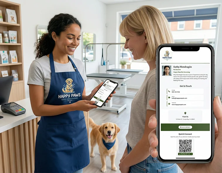 A contact page open on a phone, showing a headshot, name, job title, phone number, email and a Save Contact button