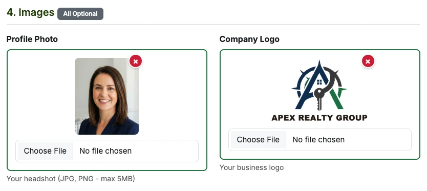 vCard Garden photo upload form showing profile photo and company logo upload fields