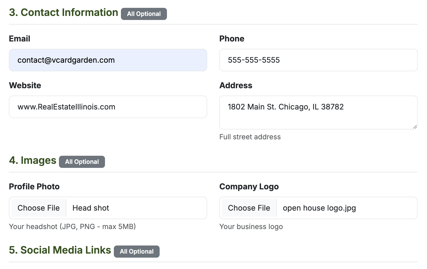 Enter contact information and address in vCard Garden