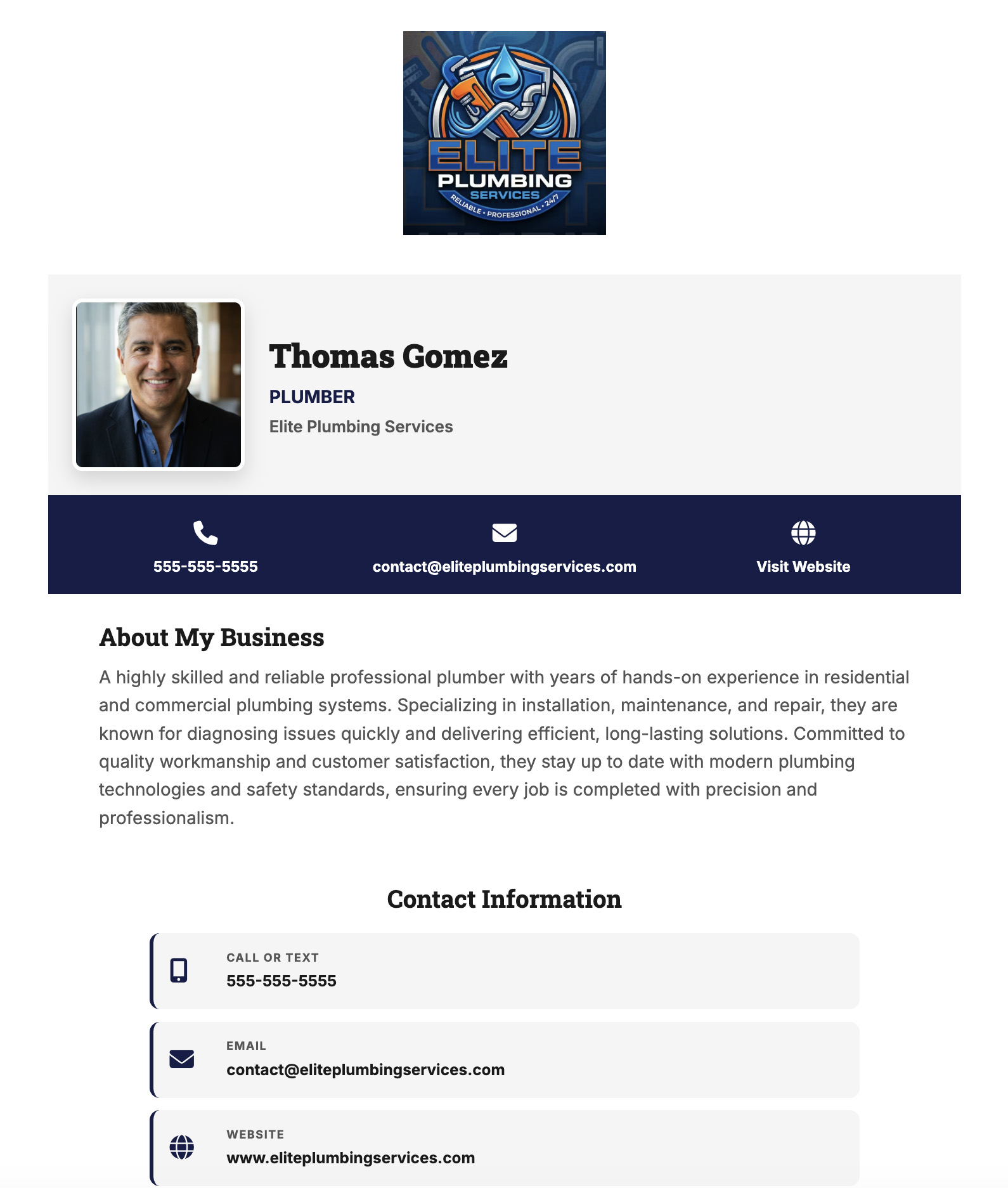 Example digital business card for a plumber built with vCard Garden