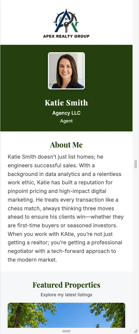 Digital business card showing professional profile with photo, company logo, name, title, and bio