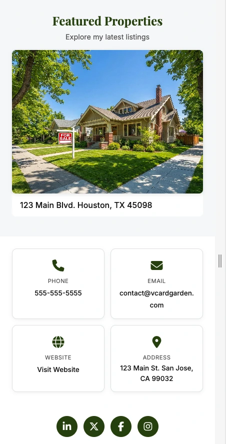Digital business card showing featured listings, phone, email, website, address, and social links