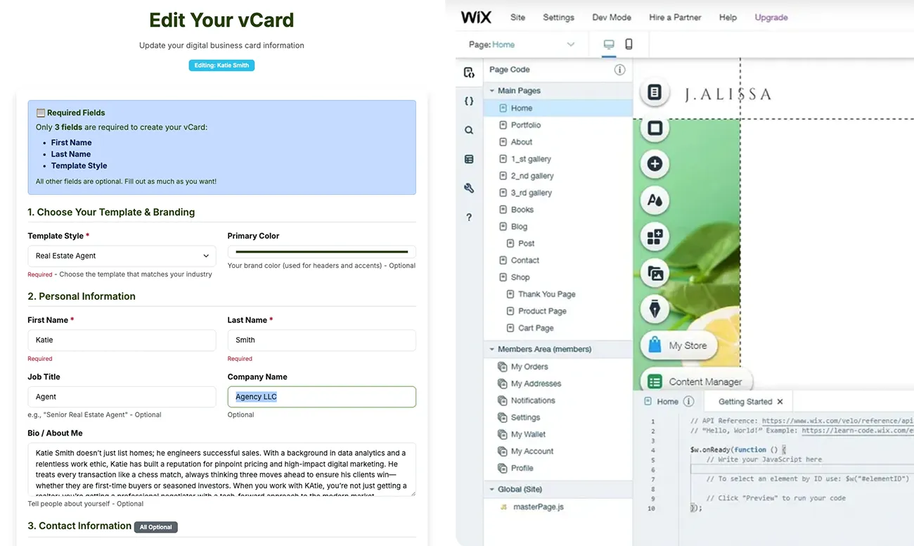 Side-by-side comparison of the vCard Garden edit form and the Wix drag-and-drop website editor