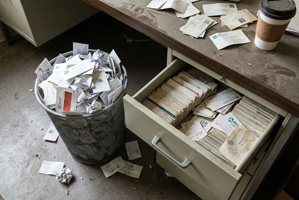 Business cards discarded in a trash can representing the waste of traditional paper cards that never get saved