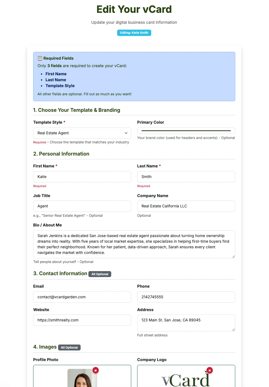 vCard Garden — fill in your info